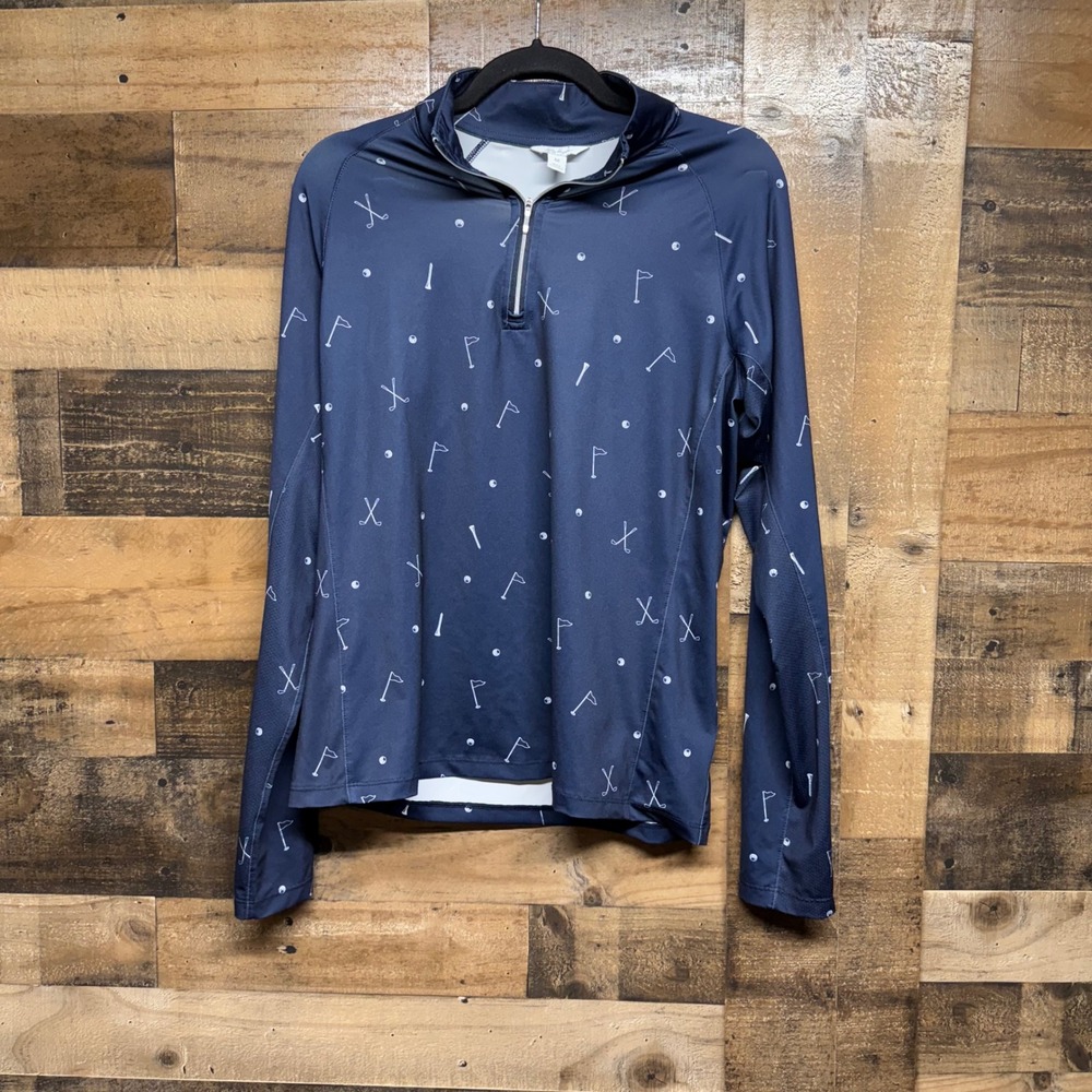 Lady‎ Hagen Golf Pullover 1/4 Zip Long Sleeve Navy White All Over Print Womens M